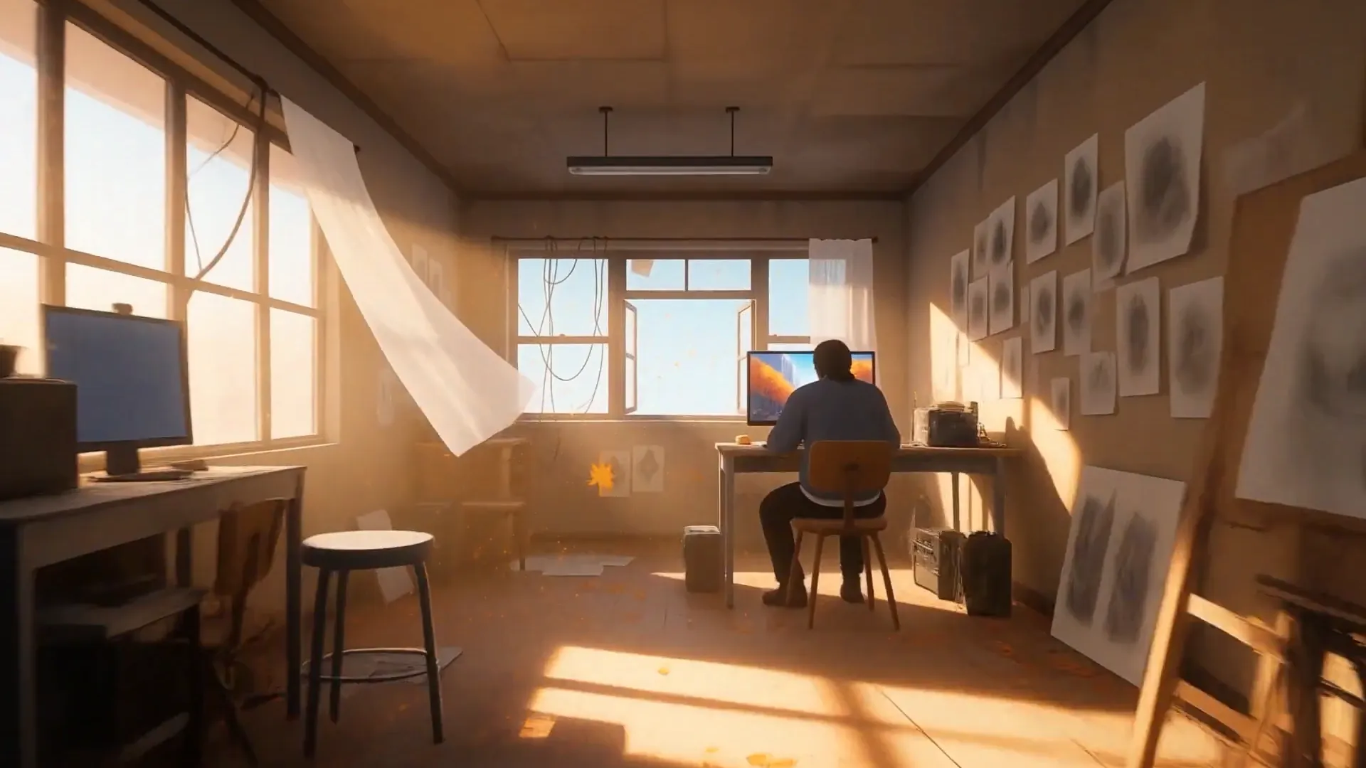 A camera move from an autumn street, through a sunlit studio where someone works at a desk, out an open window to a city skyline above the treetops